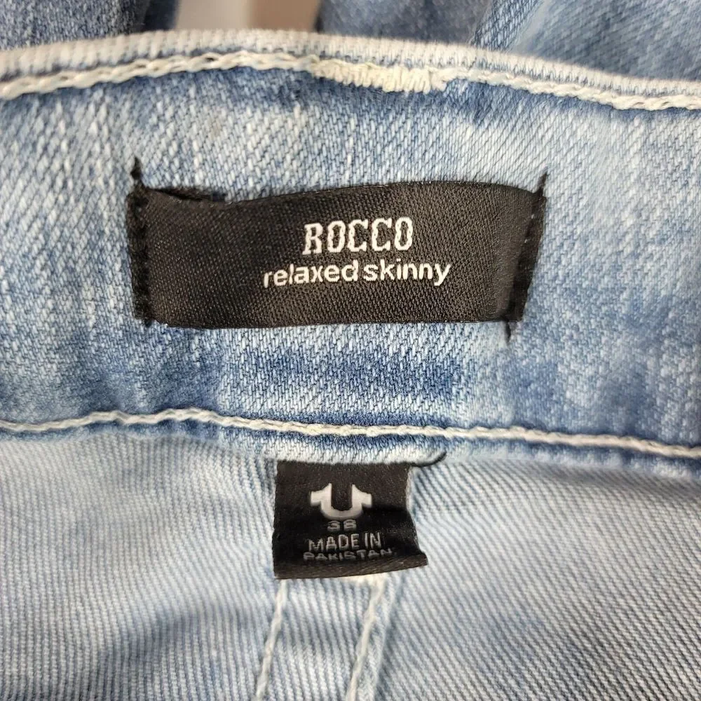 True Religion Rocco Jeans Mens 38x32 Light Wash Blue Denim Skinny Fit NEW